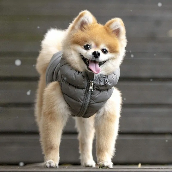 chien de face avec la doudoune pour chien grise ultralight puppia