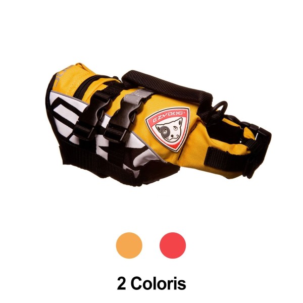 gilet de sauvetage pour petit chien micro DFD ezydog est disponible en jaune ou rouge