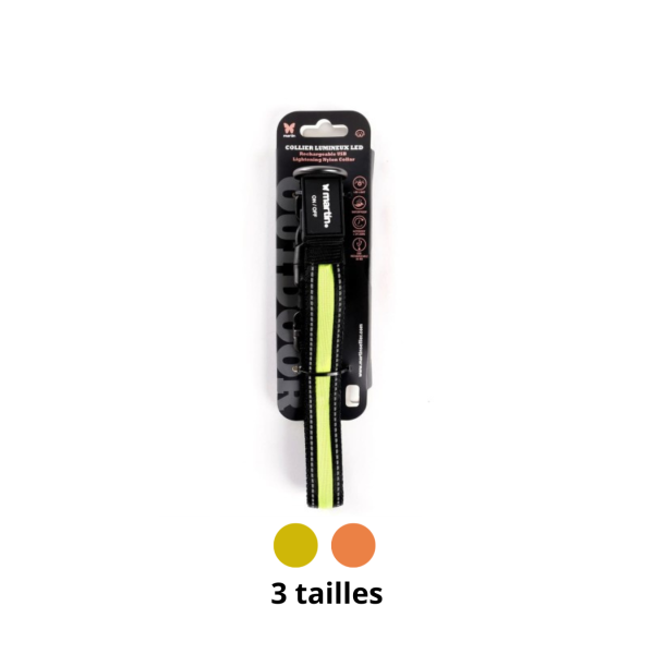 collier pour chien lumineux USB en nylon martin sellier disponible en différentes couleurs et tailles