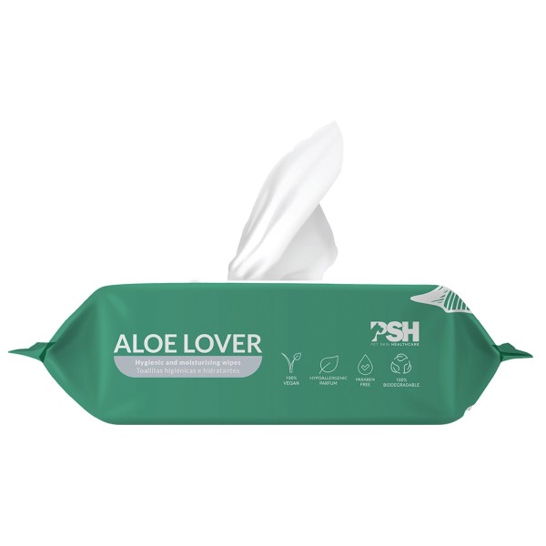paquet des lingettes pour chien et chat aloe lover psh ouvert avec une lingette qui ressort