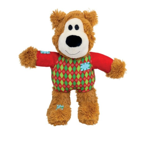 Peluche de Noël pour chien Holiday Wildknots Sweater Bear KONG® petit modèle avec un pull rouge