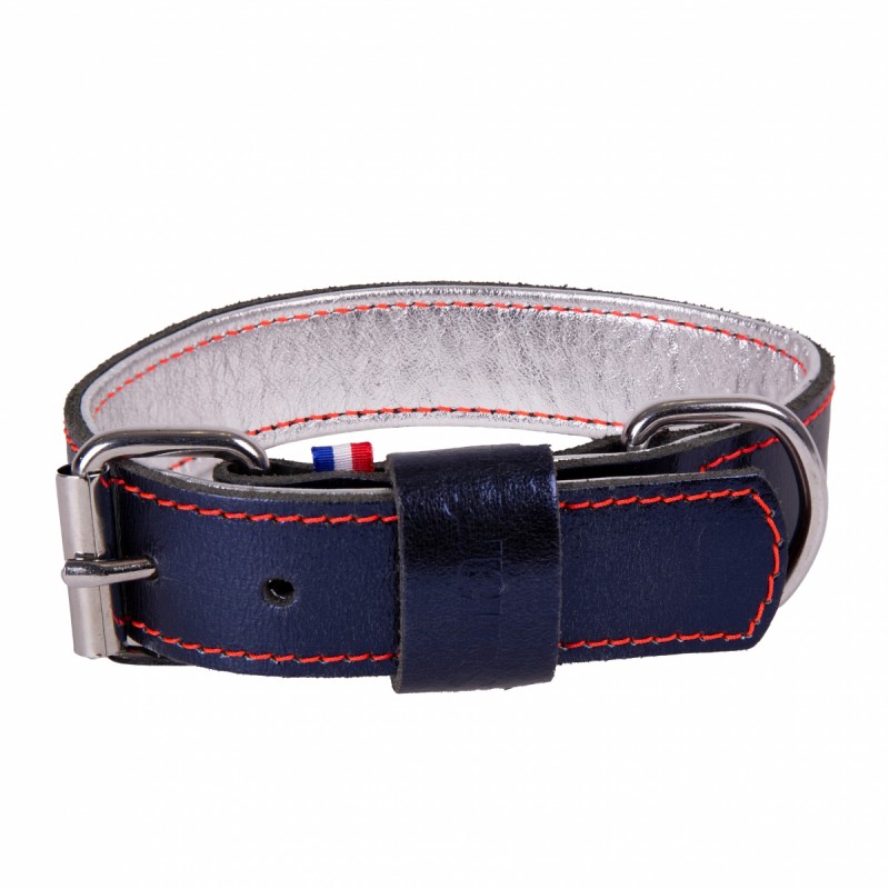 collier chien en cuir bleu nuit métallisé dakota martin sellier
