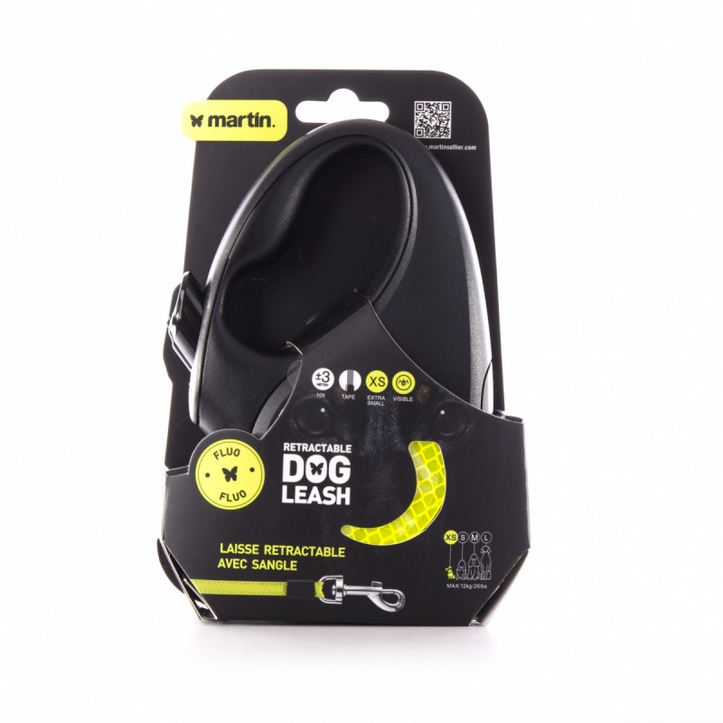 laisse enrouleur sangle fluo jaune pour chien martin sellier