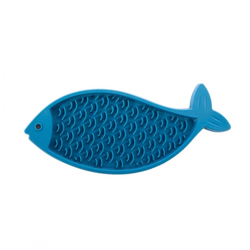 tapis de lechage pour chat bleu en silicone poisson martin sellier